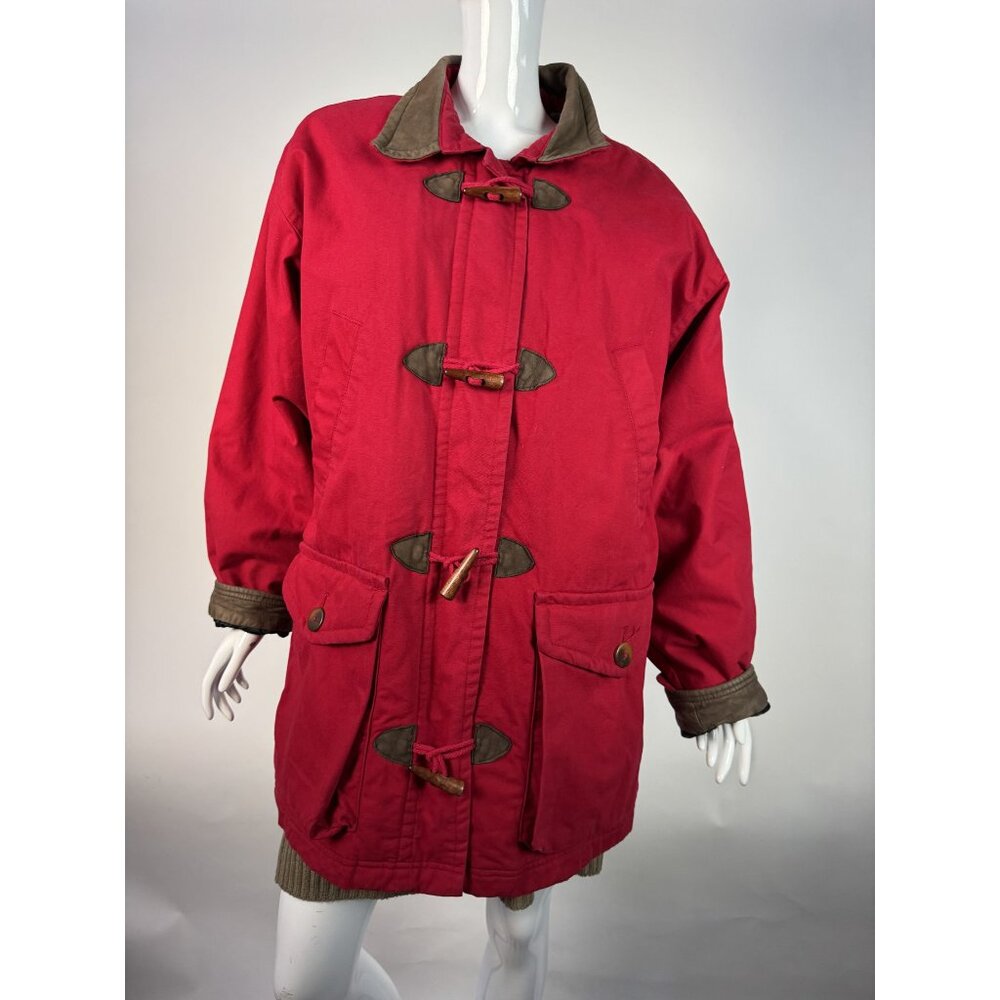 Lands End Womens Red Duffle Coat Medium 10/12 Genuine Leather Trim Vintage Style